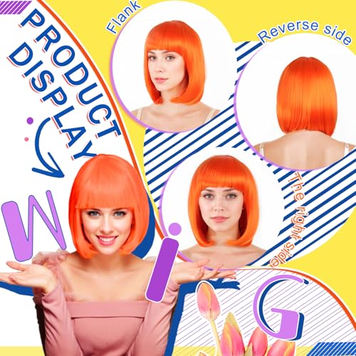 Image of LIULIUBTY Short Bob Hair Wigs Straight with Flat Bangs Synthetic Colorful Cosplay Daily Party Neon Wig for Women + Free Wig Cap 12 inch Natural As Real (Bob, Orange)