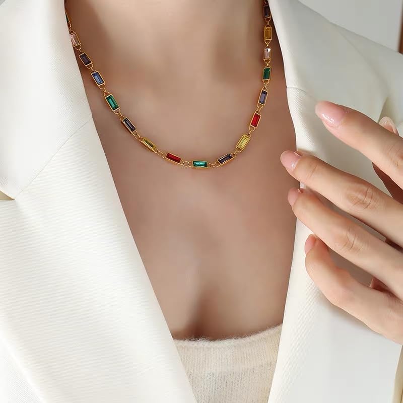 Dainty Rectangular Colorful Rhinestones Glass Chain Necklace for Women Gold Minimalist Geometric Multicolor Rainbow Diamond Beaded Adjustable Choker Summer Boho Trendy Jewelry for Her - Image 2