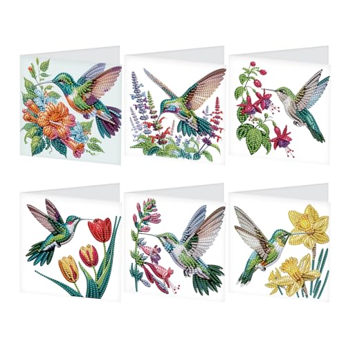 SHEGZHUC 6-delig Set Diamond Painting Wenskaarten Set Kolibrie Vogel IJsvogel Bloemen Diamond Painting Kaarten Verjaardagskaart Dankkaart Segensgrußkaart Feestdagen Kaarten Kruissteek Diamant