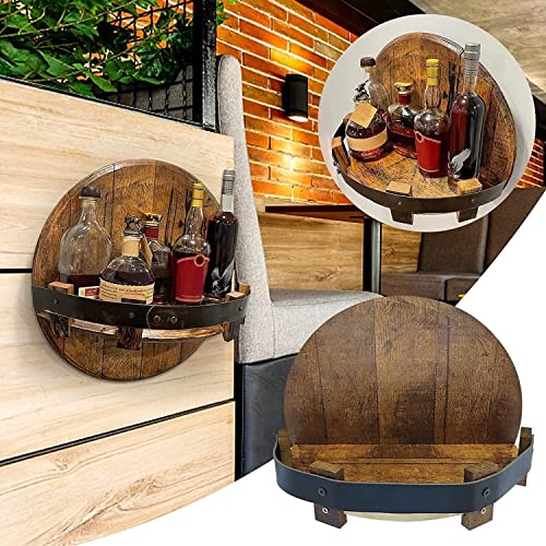 Wooden Bourbon Whiskey Barrel Shelf, Hand Crafted Wall Mounted Wine Rack Countertop, Round Display Organizer Stand Bar Shelves Vintage Liquor Bottle Home Decor #TOP2