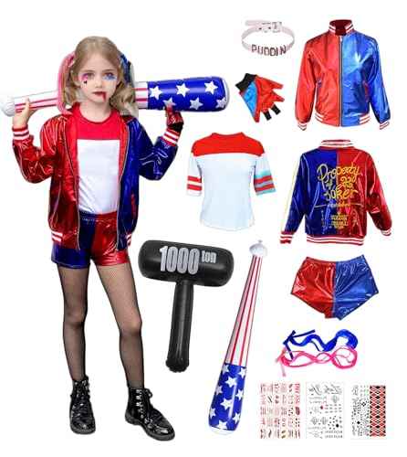 ChouGlow Déguisement Harle Squad Costume,Déguisement Quin Costume Fille Avec Gants Veste T-Shirt Short Gant Cosplay Robe Costumes pour Carnaval Halloween...