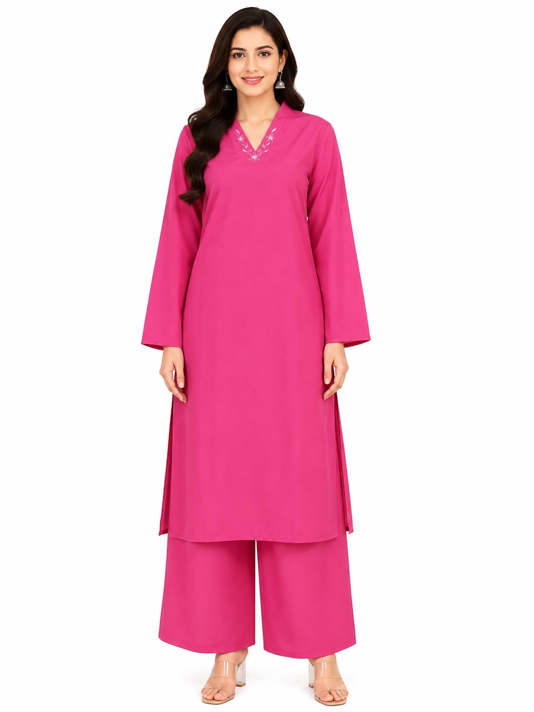 Women Teal Blue Cotton Kurti Pant Set | V-Neck | 3/4 Sleeve | Straight Fit | Office, Daily & Casual Wear-image-43