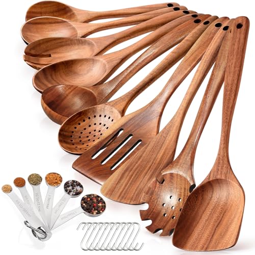 Teak Wooden Spoons for Cooking, 10PCS Cooking Utensils Set Include Slotted Spoon, Spatula, Salad Spoon, etc, with 6 Full Measuring Spoon Set, 10 Hooks, Suitable for The Kitchen Dining Room