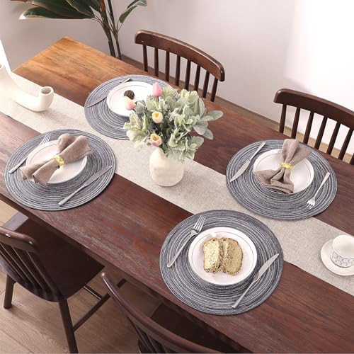 Image of SHACOS Round Braided Placemats Set of 8 Round Table Mats for Dining Tables Non Slip Washable (Black Gray, 8)