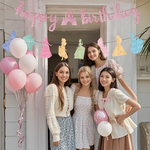 Image of Pink Happy Birthday Princess Banner Decorations Pink Garland Glitter Bunting for Girls Coquette Birthday Party Decorations Favor Supplies