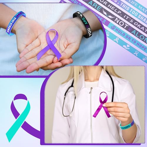 Image of Landical 500 Pcs Suicide Prevention Awareness Silicone Bracelets Purple Teal Ribbon Inspirational Rubber Wristbands Colored Silicone Bracelets Suicide Prevention Awareness Party Favor