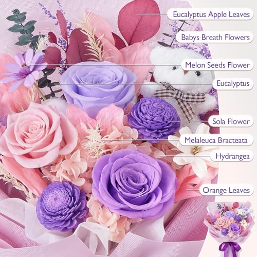 Polylove Forever Flowers Bouquet Flowers Fresh Bouquet Purple Roses Bouquet Real with Bear Flower Gift for Her Valentines Day Mothers Day Graduation Birthday - Thumbnail 4