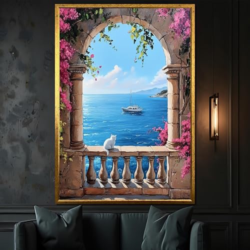 Peinture sur toile premium balcon méditerranéen avec châssis intérieur bois