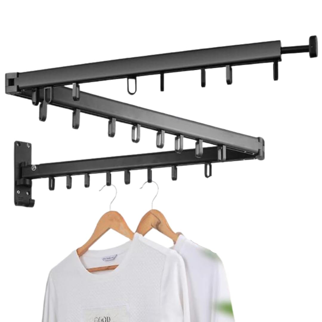Minitul Wall Mounted Clothes Hanger Rack, Retractable Clothes Drying Rack Folding Indoor, Laundry Drying Rack, Space Saver Clothes Rack,Collapsible(Tri-Fold),with 18 J-Hooks Laundry Rack Black