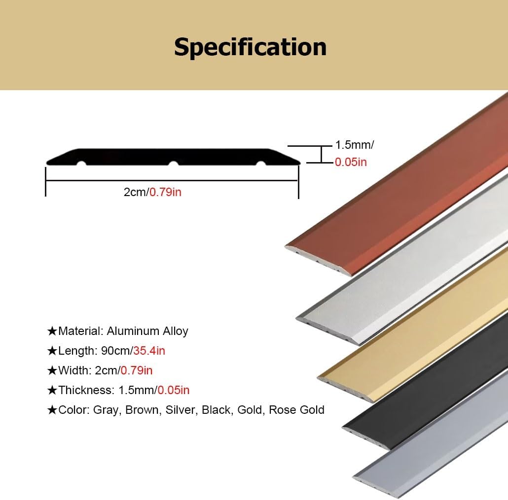 90 CM Long Metal Flat Floor Transition Strips, Waterproof 2 CM Wide Floor Edging Trim Strip, Flat Laminate Floor Cover Strip for Home(Gray)