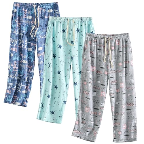 Image of PNAEONG 3 Pack Women Pajama Pants Capri Length Drawstring Pj Bottoms Sleep Lounge Pants with Pockets S-3XL
