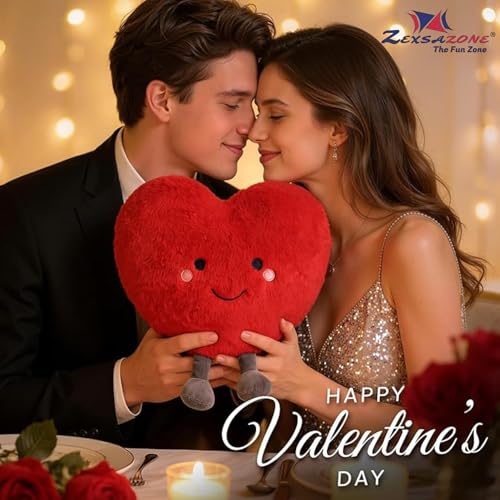 Image of ZEXSAZONE Red Heart Plush Soft Toy Cushion Pillow - Cute Smiling Face Stuffed Plushie for Kids, Boys, Girls, Girlfriend & Wife | Valentine Gift, Birthday Gift, Anniversary Romantic Home Decor 28 cm