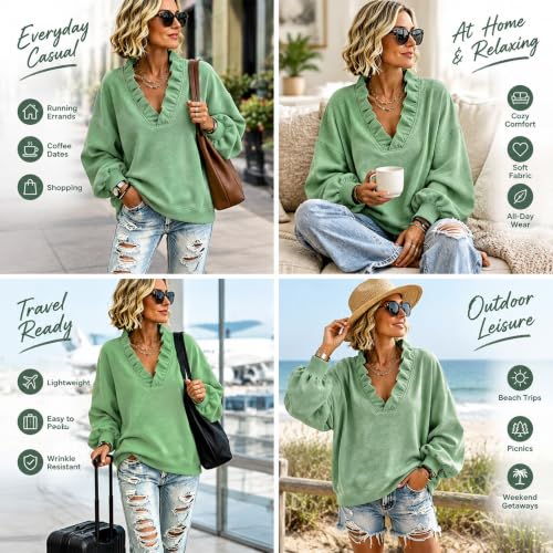 SdGgsgv Ruffle Oversized V Neck Sweatshirt for Women Cute Trendy Pullover - image 5