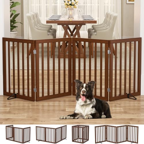 Homykic Bamboo Freestanding Dog Gate No Assembly Pet Gate Indoor 24H x 75W Extra Wide Foldable Puppy Barrier Fence with Support Feet for the House Doorways Stairs 4 Panels No Drillings Walnut