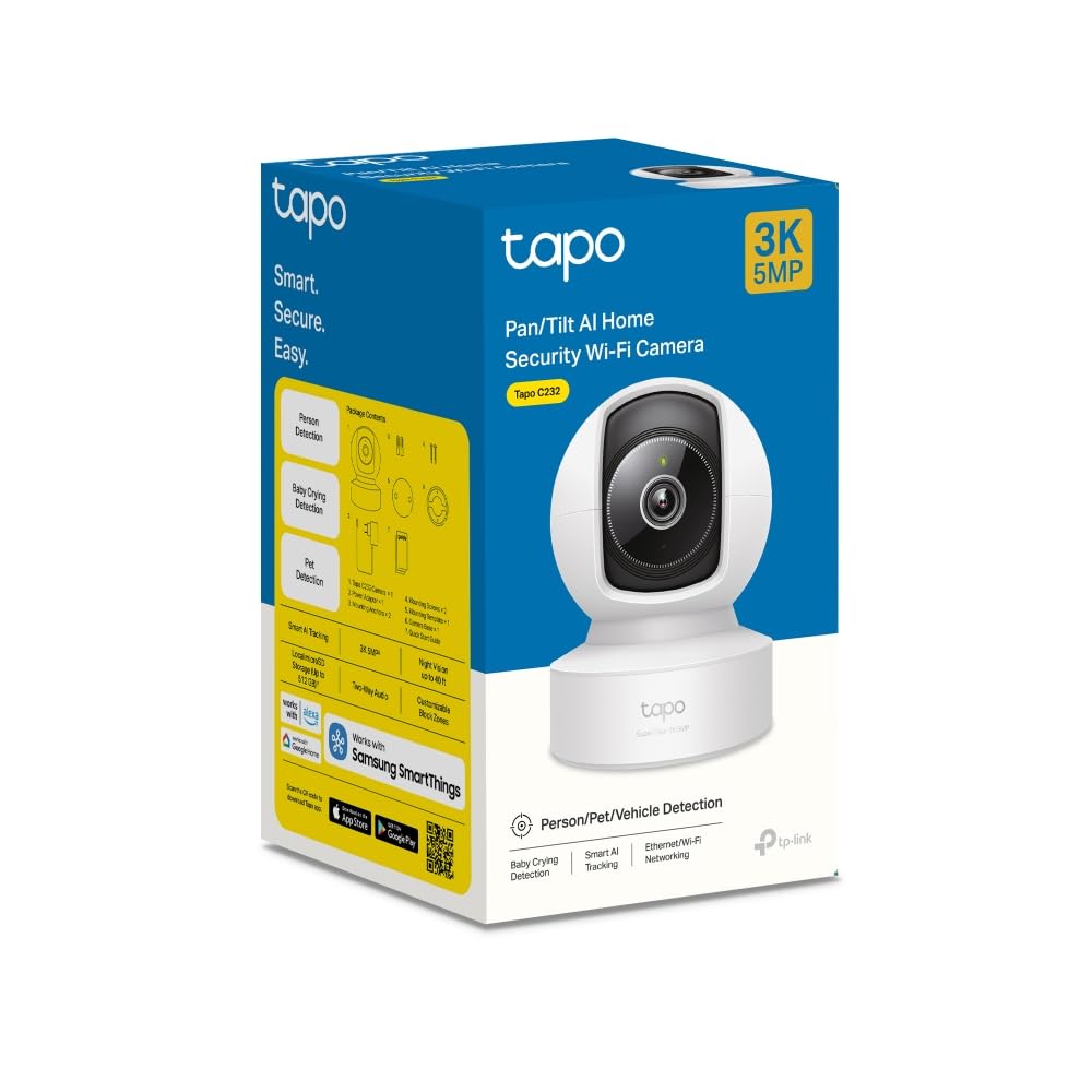 Tapo C232 - Cámara vigilancia WiFi Interior, 3K 5MP, 360°, Puerto Ethernet | Detección de Movimiento y Personas. Visión Nocturna. Alarma Luz y Sonido. Almacenamiento Local o Nube. App Tapo.