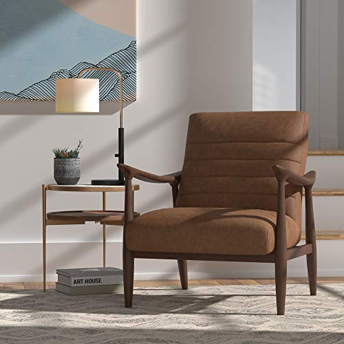 Image of Amazon Brand - Rivet Spear Mid-Century Modern Channel Tufted Leather Accent Chair with Wood Arms, 29.1 inchW, Cognac Brown