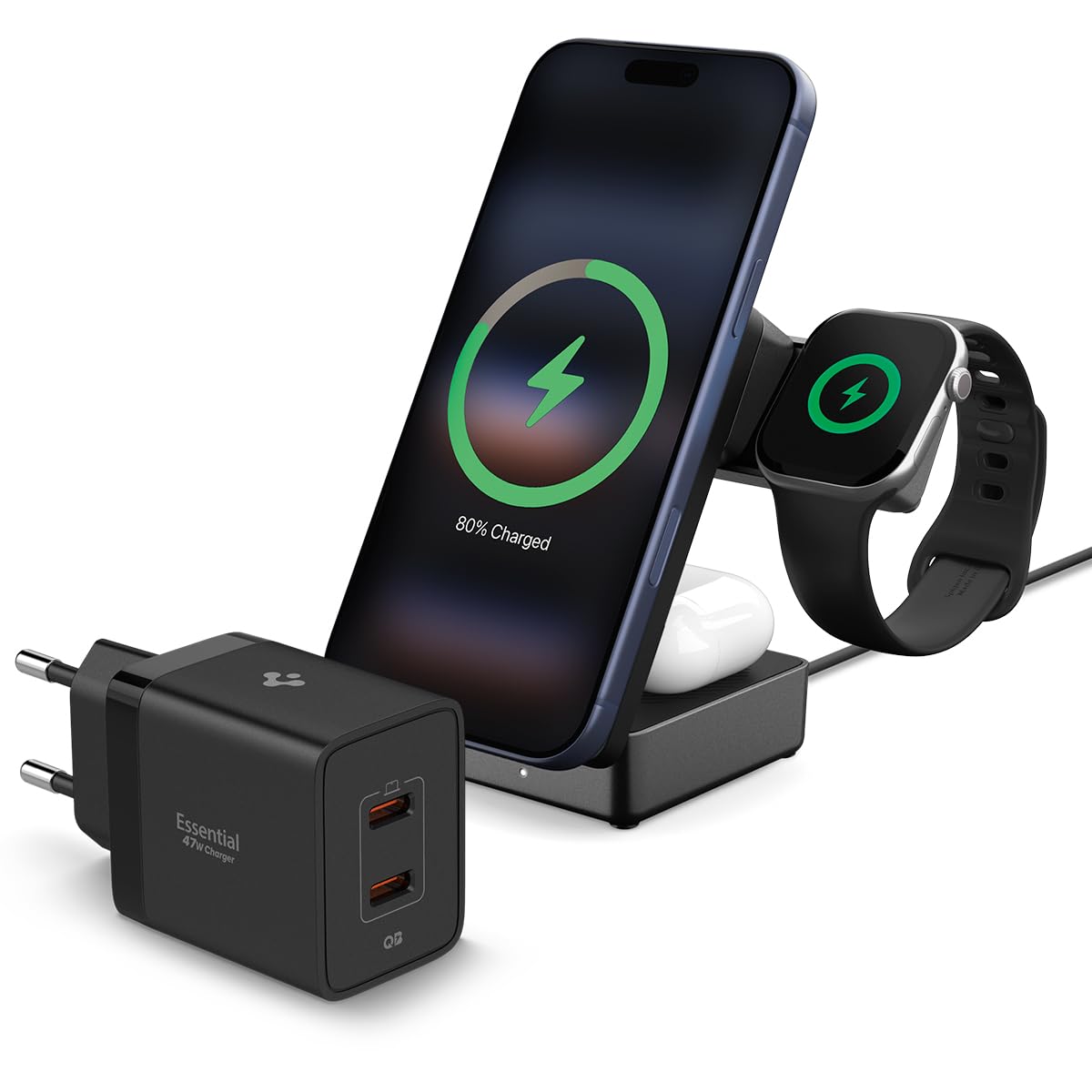 Spigen Qi2.2 25W 3-in-1 MagSafe kabellose Ladestation [inkl. 2 m USB-C Kabel] Bundle + 47W GaN 2-Port Ladegerät – Schnelles Laden für iPhone, AirPods, Apple Watch