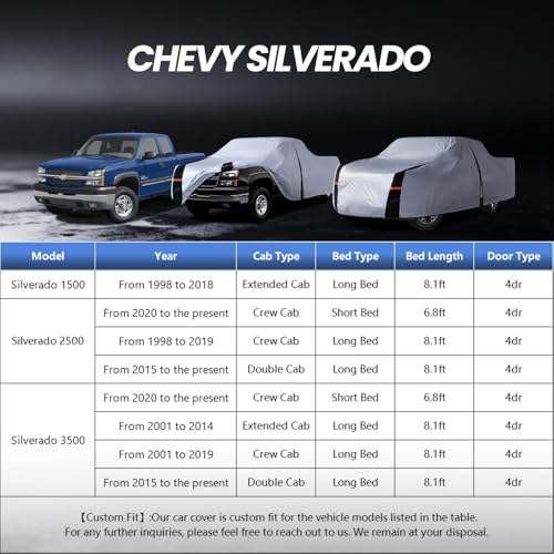 Image of Multi-Layer Chevy Silverado 2500HD Truck Cover, Custom Fit Silverado 2500 2020-2026 Crew Cab SB(6.8') Car Cover Waterproof All Weather, Full Exterior Cover Rain Wind and UV Protect with Door Zipper