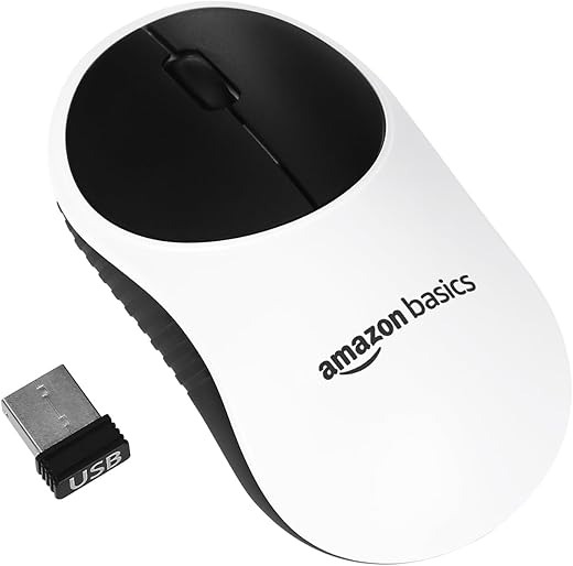 amazon basics Wireless Mouse | 2.4 Ghz with USB Nano Receiver | 1000 DPI Optical Tracking | Compatible with PC & Laptop (White & Black)