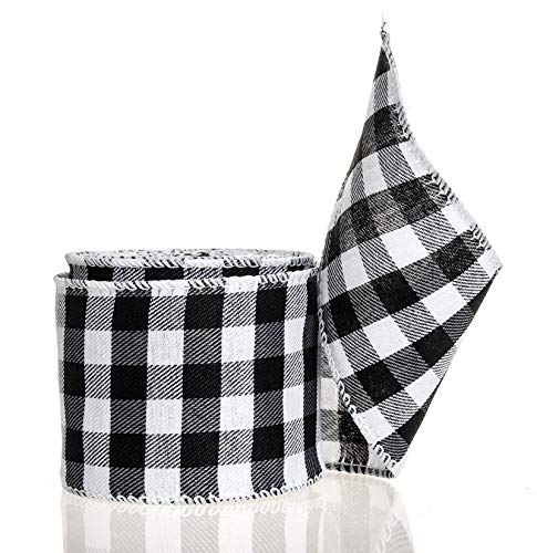 GIYOMI Black and White Buffalo Plaid Ribbon - 10 Yards by 2.5 Inches Wired Edge Gingham Burlap Ribbon for Christmas Decoration and Bows Craft (Style 2)