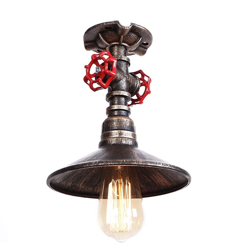 BLOOHK Industrial Steampunk Ceiling Light, 1-Light Semi Flush Mount Water Pipe Lamp with Red Valve, Vintage Antique Copper Barn Shade Hanging Light Fixture