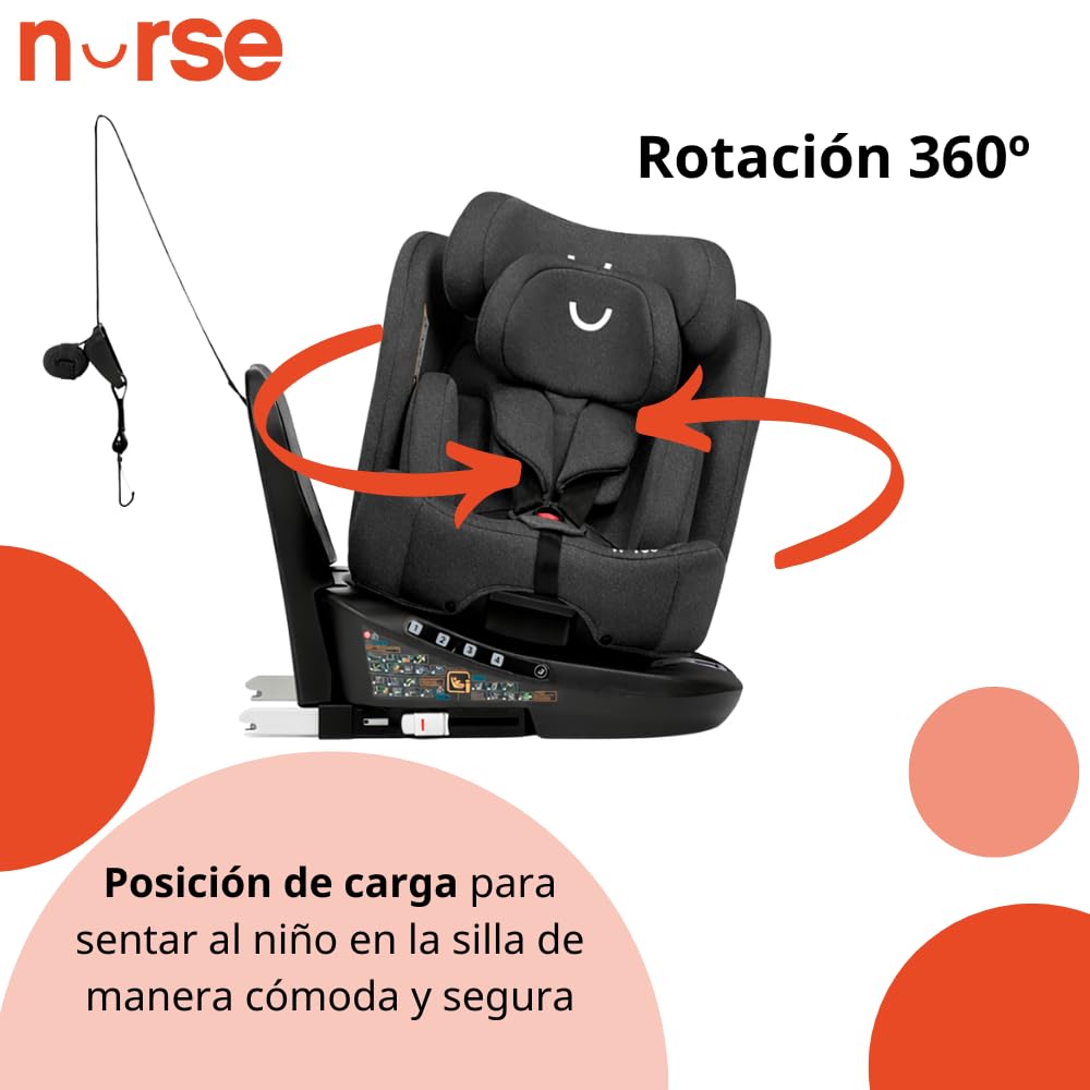 Nurse Scala Silla de Coche i-Size 40–150 cm, Giratoria 360º, ISOFIX con Top Tether, A Contramarcha y A Favor de la Marcha, Protección Lateral, Negro