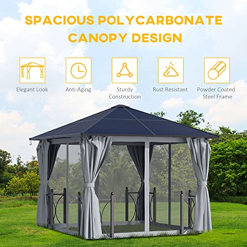 Outsunny 3 x 3(m) Hardtop Gazebo Canopy with Polycarbonate Roof, Steel & Aluminium Frame - Garden Pavilion with Mosquito Netting and Curtains, Black - Image 3