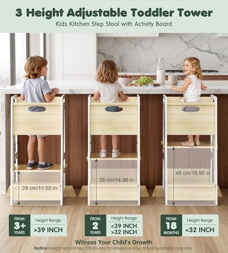 Image of Toddler Standing Stool with Sliding Door for Safe Climbing, 3-Height Adjustable Kitchen Step Stool, Wooden Learning Tower for Kids, Non-Slip Feet