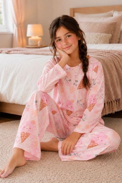Image of TotzTouch Girls Printed Pyjama Set | Full Sleeve Top with Wide Leg Pyjama Pants | Stylish Cotton Co-Ord Nightwear Set for Kids