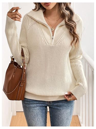 Image of MakeMeChic Women's Half Zip Pullovers Tops V Neck Collar Sweater Long Sleeve Fall Sweaters Apricot Medium