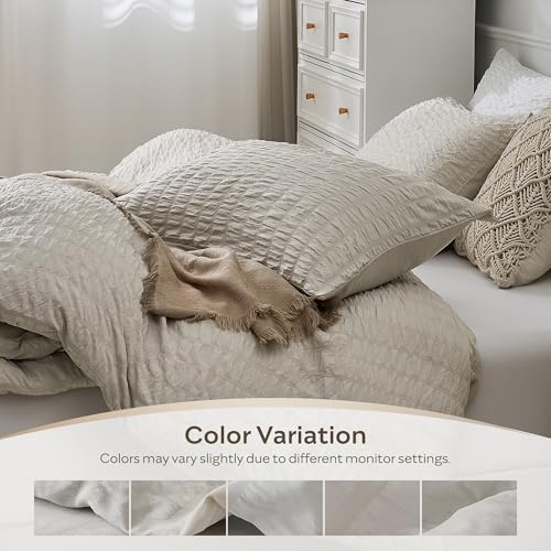 Image of JELLYMONI Seersucker Duvet Cover Set King, 3pcs Oatmeal Polyester | In Spacious Master, Couples & Pets, Crinkled Texture, Oeko-Tex Certified, 8 Corner Ties & Hidden Zipper