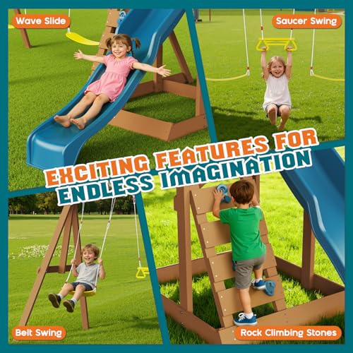 Albott Wooden Swing Set for Kids, Outdoor 6-in-1 Wood Playset with Tower Playhouse, Wave Slide, Swings, Climbing Wall & Ladder, Backyard Playground for Ages 3–8, 99.6\" D x 152.4\" W x 96.5\" H