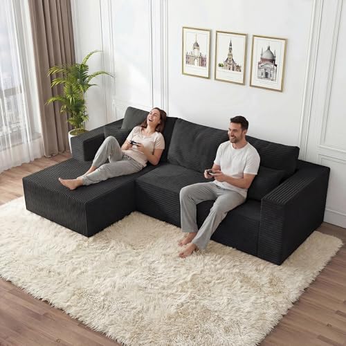 Image of 108 inch Modular Cloud Couch,L-Shaped Sectional Sofa with Deep Seats & Chaise,Upholstered Corduroy Boneless Couch for Living Room,No Need Assembly,Black(Left Facing Chaise)