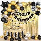 Black and Gold Birthday Party Decorations Kit for Men Women, Cheers Beer Confetti Black Gold Balloon Happy Birthday Banner Fringe Curtains Swirl Circle Dots Tassels Pom Graduation 30th 40th 50th Him