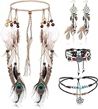 black tribal schmuck 【Bohème Schmuckset】Eine Bestellung erhalten Sie 1Pcs Leder Choker verstellbare Halskette, 1Pcs Lederarmband, 1Paar Feder Traumfänger baumeln Ohrringe und 1Pcs Feder Kopfschmuck.alle in einem Set, sparen Sie Ihre Zeit, um sie zu entsprechen..definitiv ein guter Kauf.
