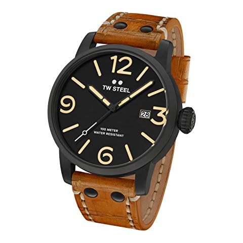TW Steel Maverick Men Quartz Watch with Black Dial Analogue Display and Brown Leather Strap MS32 Cover