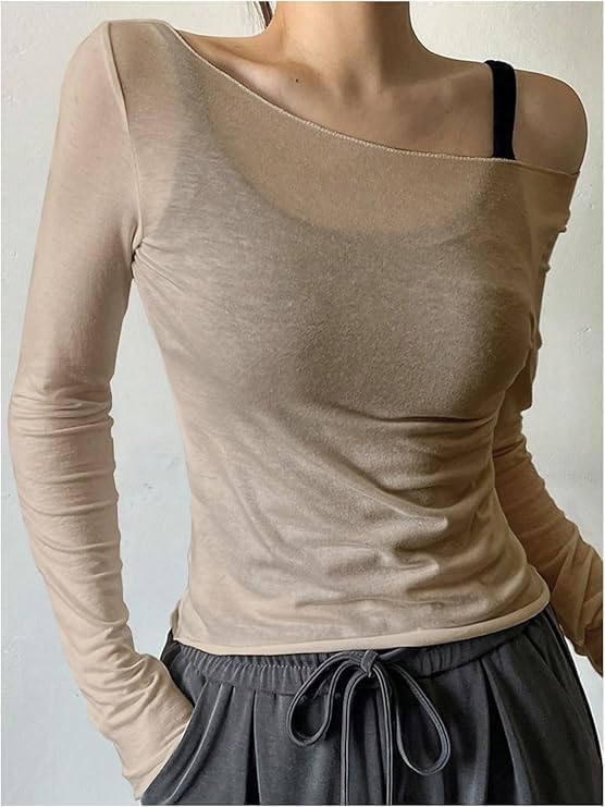 QJQ Women's Sheer Mesh Off The Shoulder Tops Long Sleeve See Through Shirts Going Out Party Club Outfits - Image 3