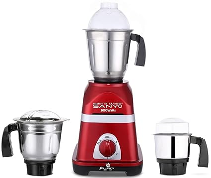 MasterClass Sanyo Diaa 1000W Mixer Grinder with 3 Stainless Steel Jars (1 Wet Jar, 1 Dry Jar and 1 Chutney Jar), Red.Make in India