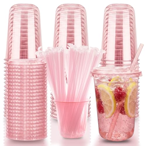 Xuelimei 16oz Disposable Stemless Glasses With Strawless Sip Lids and Straws PET Disposable Drinking Cups Clear Plastic Wine Glasses for Parties Birthday Wedding Meeting Party Supplies. (50 Pink)