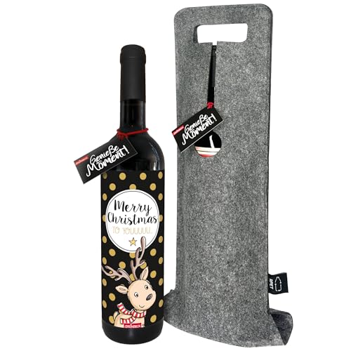 STEINBECK Wein Fröhliche Weihnachten trockener Rotwein aus Spanien 100% Tempranillo Valdepenas in Flaschentasche Mitbringsel mit Spruch als Geschenk zum Weihnachtsessen