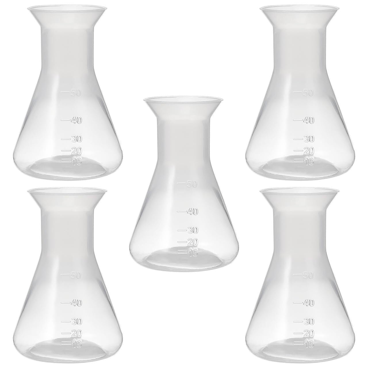 5 Kunststoff-Erlenmeyer 50ml – Transparente, graduierte Kegelkolben für Labor, Schule und Wissenschaftliche Experimente