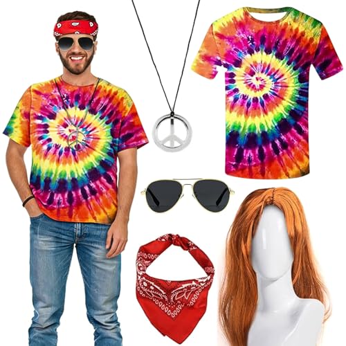 Conjunto disfarce hippie anos 60 e 70, 5 hippie costume set com colorido Tie Dye t-shirt hippie óculos de sol, diadema de hip-pé, disfarce hip-pé peruca, colar de sinal de paz para festa carnaval