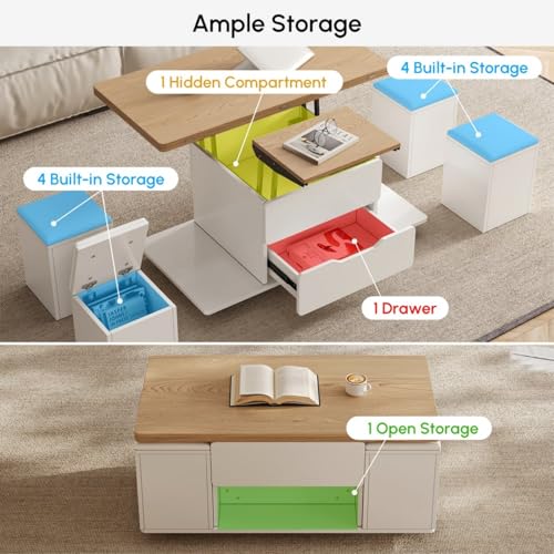 Homary Couchtisch Höhenverstellbar,Wohnzimmertisch mit Schublade,3-in-1-Multifunktions-Couchtisch Umwandelbar Wohnzimmer-Esstisch Arbeitstisch (Weiß & Natur) – Bild 6