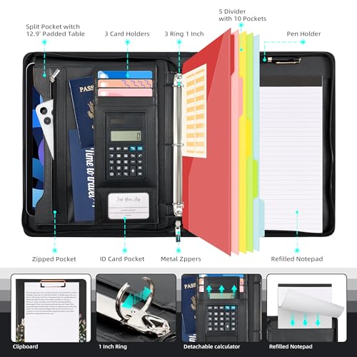 ospelelf leather portfolio folder with zipper - 3 ring binder with clipbard - calculator 121 tablet sleeve 5 dividers with 10 pockets refillable notepad card holder bushes