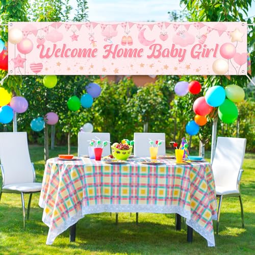 Image of Welcome Home Baby Girl Yard Banner, Girls Baby Shower Decorations Banner, Large Fabric Gender Reveal Yard Sign, Newborn Party Decoration Supplies for Girls