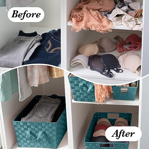 Image of Simplify Large Woven Strap Tote | Decorative Storage Basket | 2 Handles | Organization | Closet | Bedroom | Bathroom | Nursery | Accessories | Toys | Gifts | 4 Pack | Sapphire