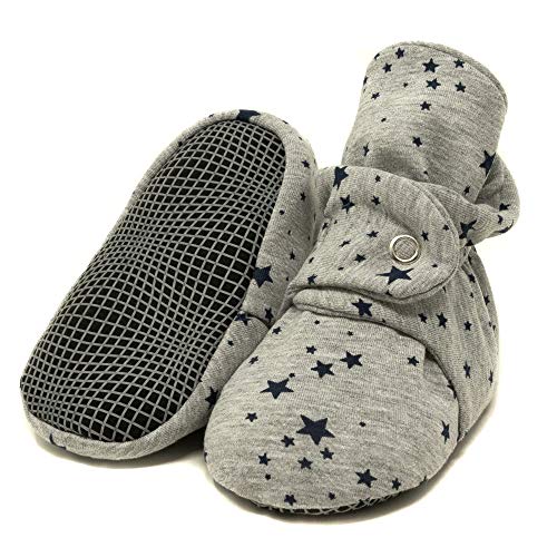 Organic Cotton Baby Booties, Non Skid, Soft Sole, Stay On Baby Shoes, House Slippers for Baby Boys Girls Toddlers (Star Grey, 6-12 Months)