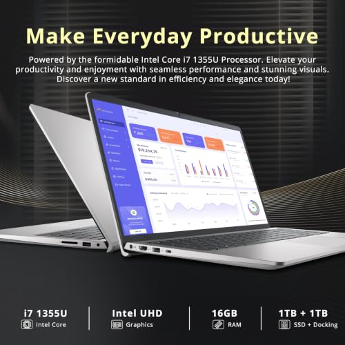 Image of Dell 15.6 inch FHD Business Laptop, Intel 10-core i7-1355U up to 5GHz, 16GB DDR5 RAM, 2TB Storage (1TB SSD+1TB Docking Station), Intel UHD Graphics, Backlit Keyboard, Wi-Fi 6, Windows 11 Pro, Silver