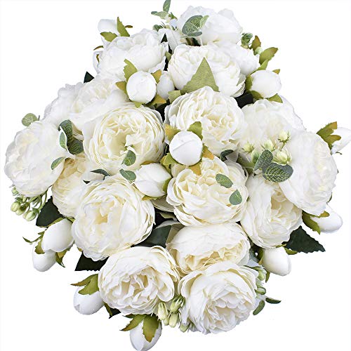 4Packs Artificial Peony Silk Flowers Fake Glorious Flower Bouquets for Wedding Party Bridal Home Decoration (White) image 5