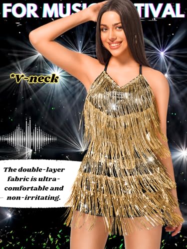 Image of Kaei&Shi Sequin Fringe Romper,Sparkly Glitter Metallic Jumpsuits For Women,Backless Shorts Dress Disco Birthday Dance Outfit